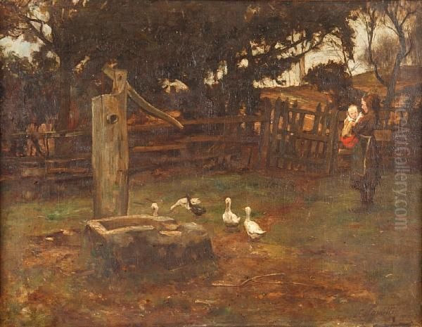 Children And Geese At A Pump Oil Painting by James Hamilton