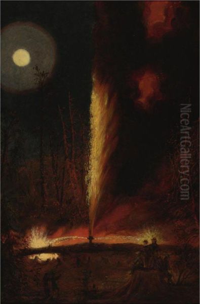 First Oil Well Burning Oil Painting by James Hamilton