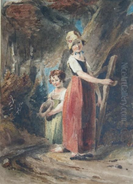 Two Children At A Country Gate Oil Painting by William Hamilton