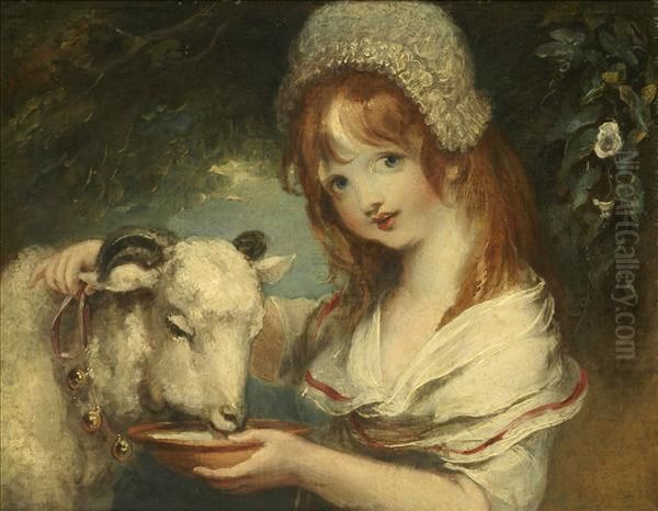 Young Girl Feeding A Lamb Oil Painting by William Hamilton