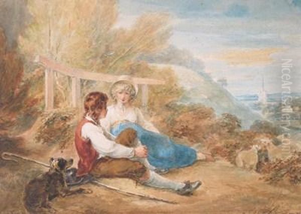 A Shepherd And Shepherdess In A Landscape, A Village Beyond Oil Painting by William Hamilton