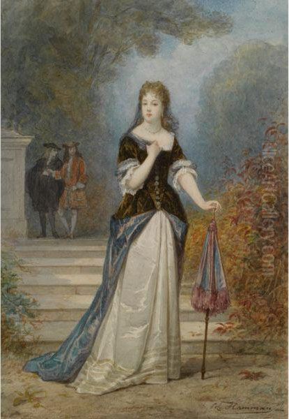 An Elegant Lady With A Parasol In A Park Oil Painting by Edouard J. Conrad Hamman