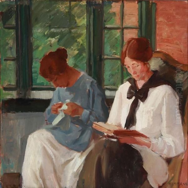 Interior With Two Reading And Sewing Women Oil Painting by Marius Hammann