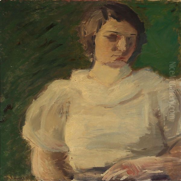 Portrait Of A Woman In A White Dress Oil Painting by Marius Hammann