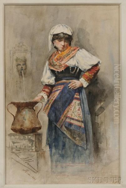 Peasant Woman Filling A Water Urn Oil Painting by John J. Hammer