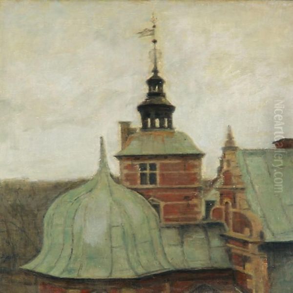 View Over The Roof-tops Of Frederiksborg Castle, Denmark Oil Painting by Svend Hammershoi