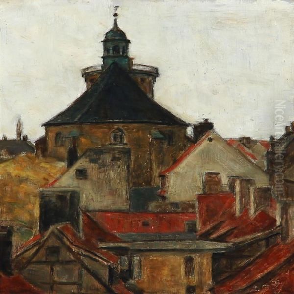 View Over Copenhagen Roof-tops, Including Rundetarn Oil Painting by Svend Hammershoi