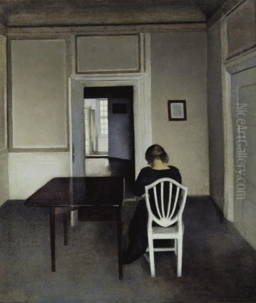 Interior With Ida In A White Chair Oil Painting by Vilhelm Hammershoi