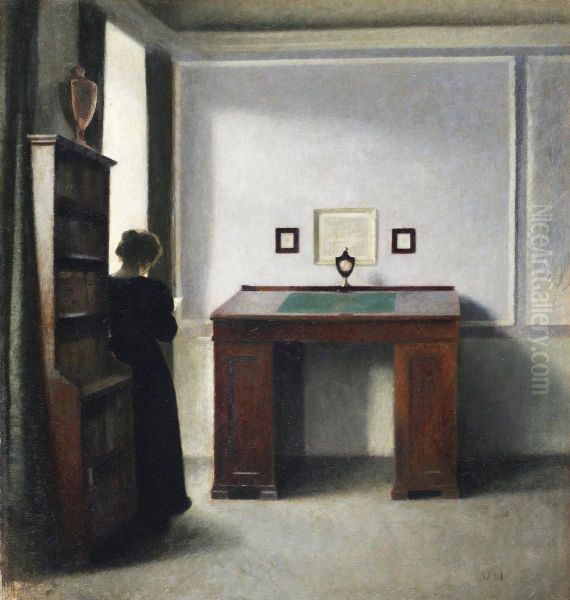 Awriting Table And A Young Woman In An Interior Oil Painting by Vilhelm Hammershoi