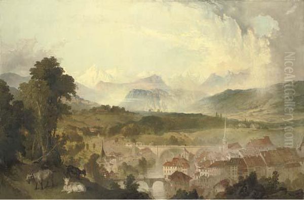 View Of Berne With The Aar River And The Nydegg Bridge Oil Painting by James Astbury Hammersley