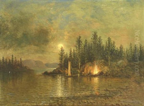 Moonlit Riverside Camp Oil Painting by John Olson Hammerstad