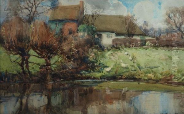 A Duck Pond Before Thatched Cottages Oil Painting by Arthur J. Hammond