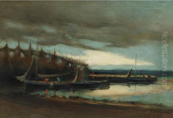 Fishing Boats By The Bay Oil Painting by John A. Hammond