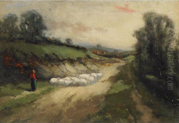 Shepherdess Returning With Sheep Oil Painting by John A. Hammond