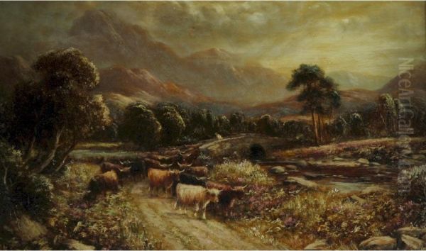 Upland Landscape With Cattle Oil Painting by Robert John Hammond