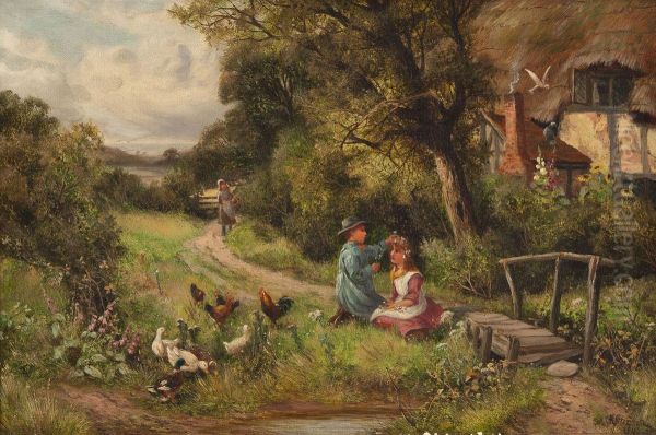 Spielende Kinder Vor Dem Cottage Oil Painting by Robert John Hammond