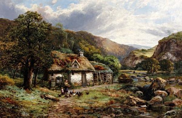 Mother And Child Feeding Hens Before A Tumbledown Thatched Cottage By A River Oil Painting by Robert John Hammond