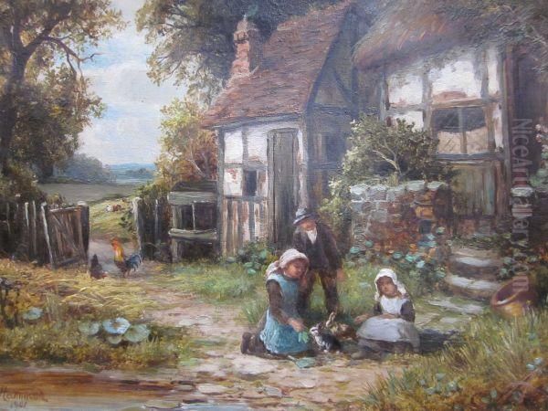 Children Feeding Rabbits Oil Painting by Robert John Hammond