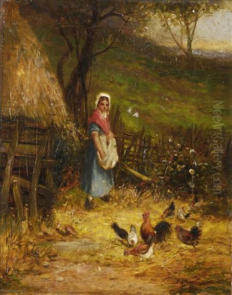 Feeding The Hens Oil Painting by Robert John Hammond