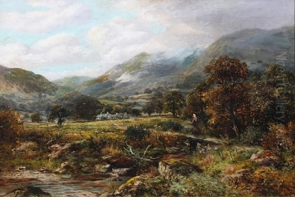 Figure Crossing Over A Stream, Mountainsbeyond Oil Painting by Robert John Hammond