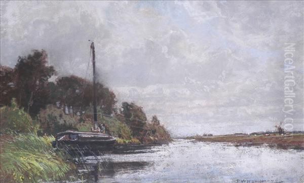 Abroadland Scene, With Sailing Barge, Windmill And Cattle Oil Painting by Thomas William Hammond