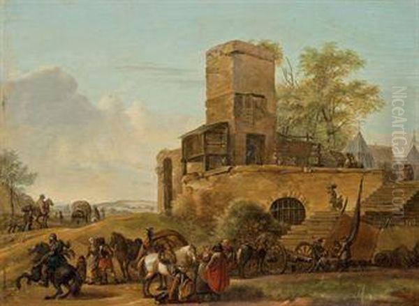 Bohemiens Et Garnison Devant Une Place Fortifiee Oil Painting by Michel Hamon-Duplessis