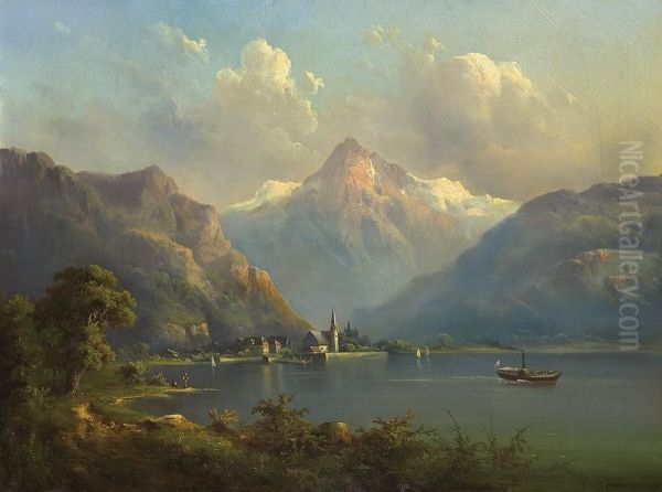 Landscape With Lake In Alps Oil Painting by Guido Hampe