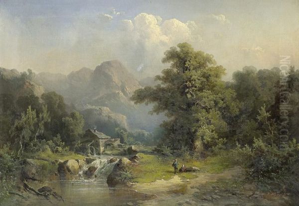 Idyllische Gebirgslandschaft Mit Wasserfall Oil Painting by Guido Hampe