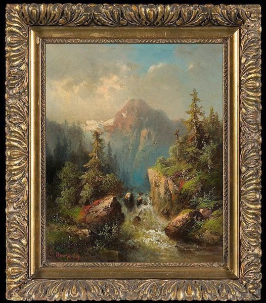 Alpine Waterfall Oil Painting by Guido Hampe