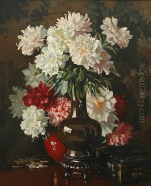 Still Life With Peonies Oil Painting by Carl Hampel