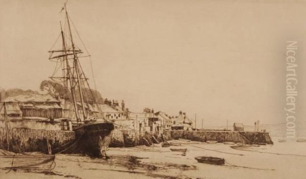 Boats In The Harbour At Low Tide Oil Painting by Herbert George Hampton