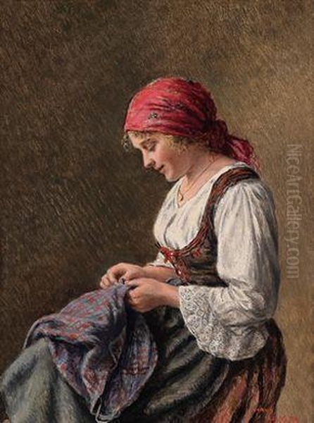 Madchen Bei Der Naharbeit Oil Painting by Hans Hamza