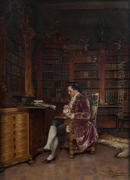 Dans La Bibliotheque Oil Painting by Johann Hamza