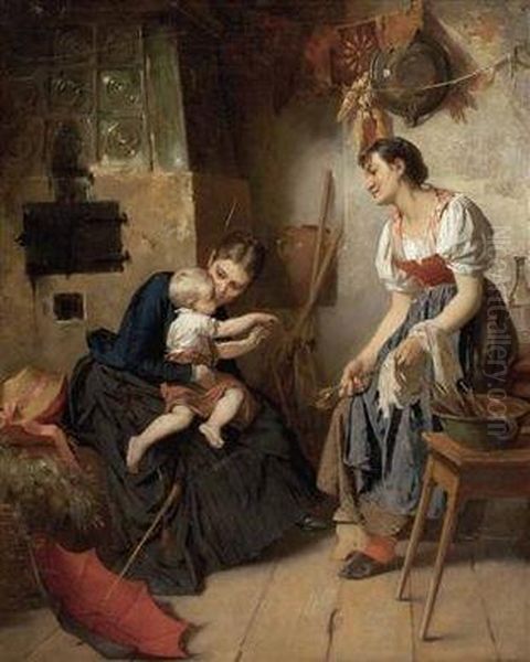 In Landlicher Stube - Der Besuch Aus Der Stadt Oil Painting by Johann Hamza