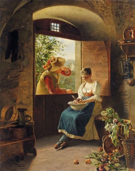 Das Stelldichein Amkuchenfenster Oil Painting by Johann Hamza