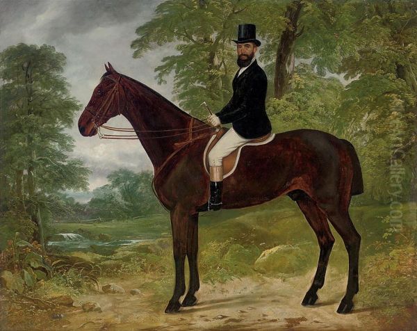 Portrait Of A Gentleman With His Hunter, In A Woodedlandscape Oil Painting by Charles Hancock