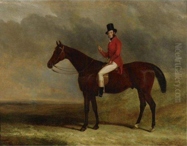 A Gentleman On His Hunter In A Landscape Oil Painting by Charles Hancock