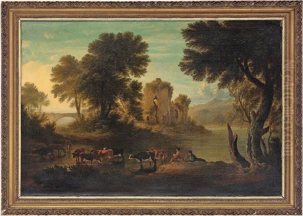 Drovers With Cattle Beside A River Oil Painting by Thomas Hand