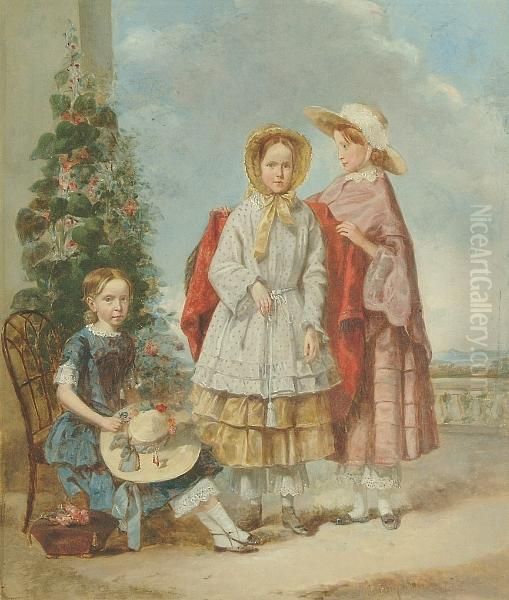 A Portrait Of Three Girls On An Italianate Balcony Oil Painting by E. Ursula Handley