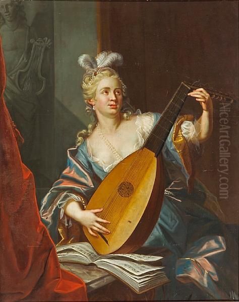 A Lady Playing A Lute Oil Painting by Emmanuel Jakob Handmann