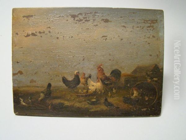 Roosters And Chicks Feeding Oil Painting by Eduard Handwerck