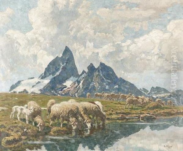 Schafherde Im Hochgebirge. Oil Painting by Georg Hanel