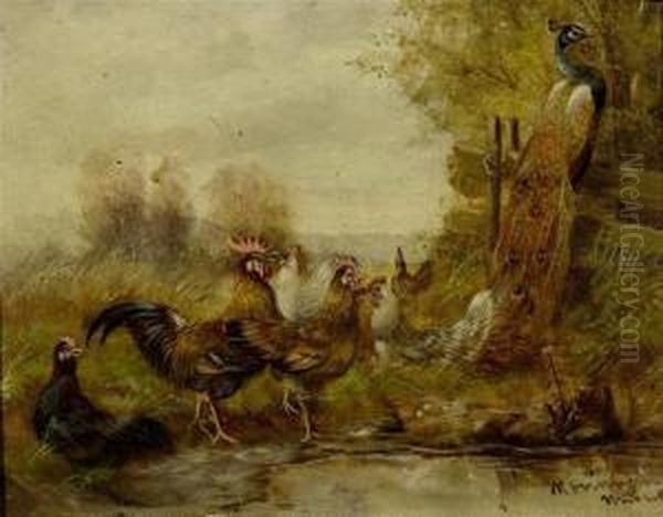 Hens And A Peacock At A Pond Oil Painting by Max Sen. Hanger