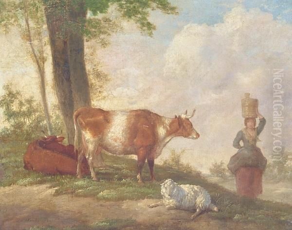 Milkmaid With Cattle Oil Painting by J.F. Hankes