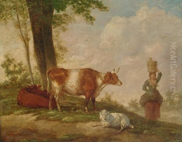 Milkmaid In A Pastoral Landscape Oil Painting by J.F. Hankes