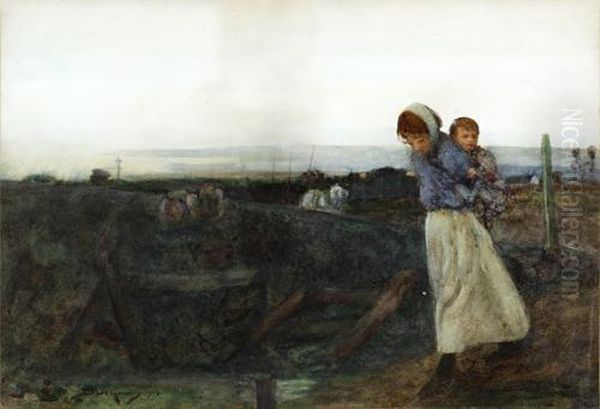 Woman And Child Crossing A Moorland Road by William Lee Hankey