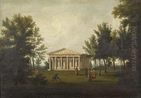 Elegant Figures Before A Classical Temple Oil Painting by William Hannan