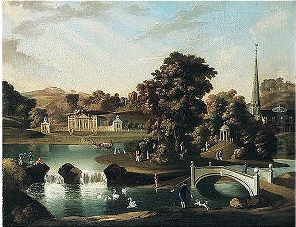 Prospect Of Duncombe Park, Seat Of Thomas Duncombe, With Figures By The Lake Oil Painting by William Hannan