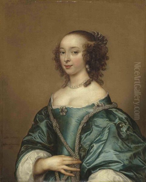 Portrait Of A Lady, Half-length, In A Blue Dress With Pearls Oil Painting by Adriaen Hanneman