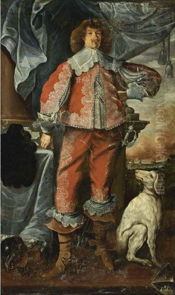 A Portrait Of A Nobleman, Full Length, With A Dog By His Side. Oil Painting by Adriaen Hanneman